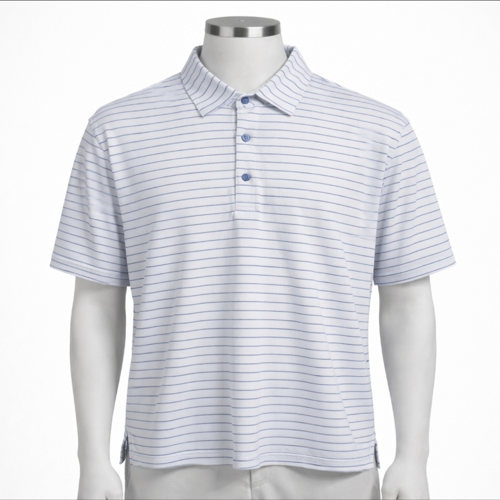 Peter Millar Men Polo Shirt Blue White Stripe Cotton Golf Short Sleeve Size L